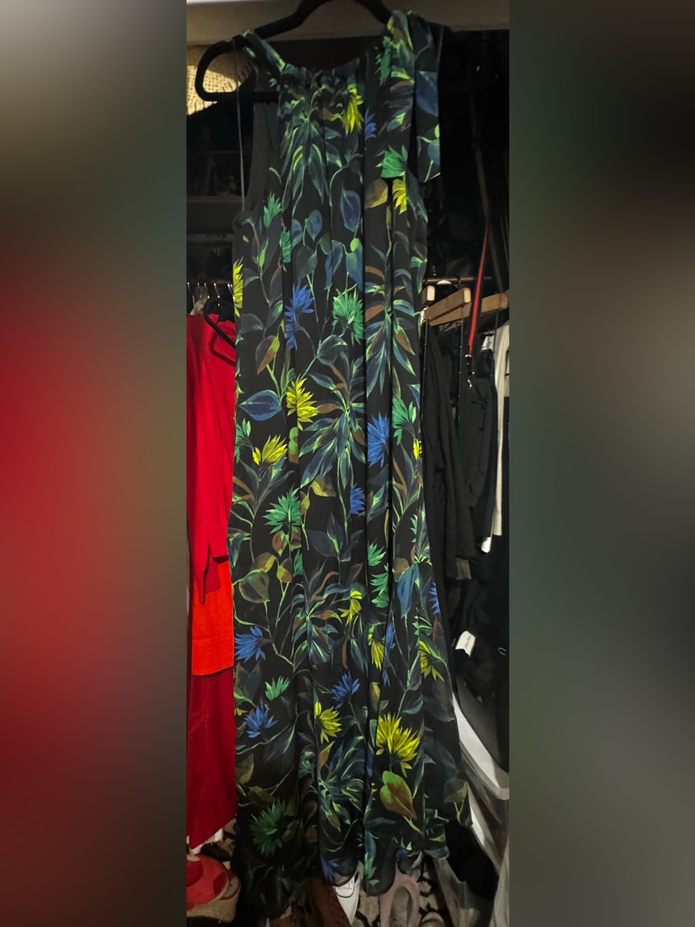 Just Taylor Black Maxi Dress with Blue and Green Leaf Print